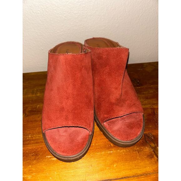 Lucky Brand Dalliey Burnt Henna Leather Suede Mules Open Toe Stacked 3" Heels - Picture 2 of 7